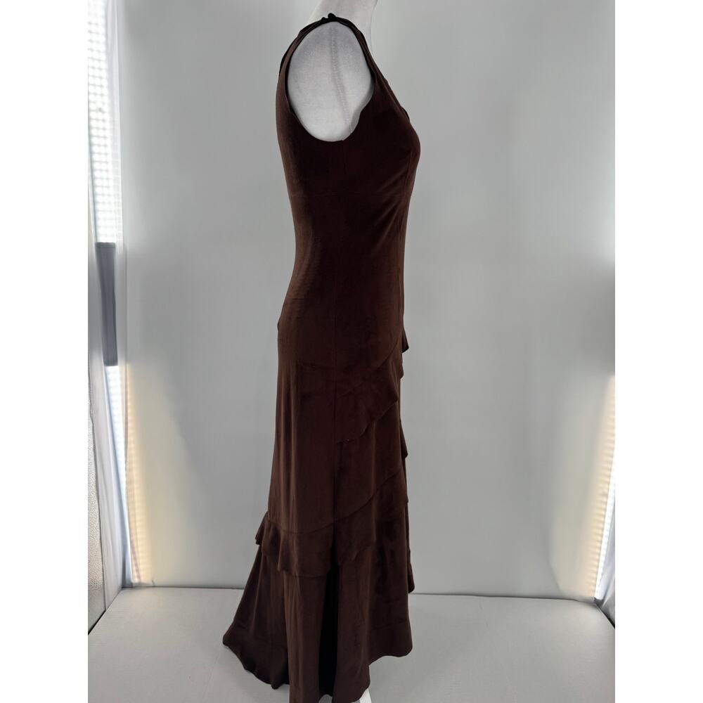 Bebe Vintage Y2K Brown Faux Suede Maxi Dress XS Tiered Ruffle Bodycon Made USA - Picture 5 of 10